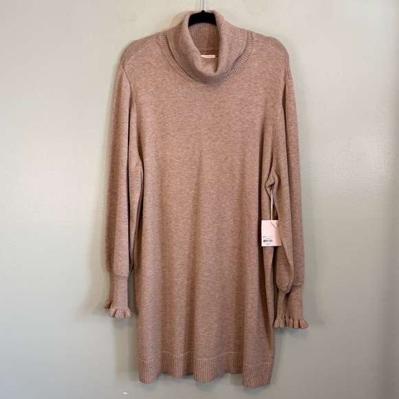 LC Lauren Conrad Dresses & Skirts - LC Lauren Conrad Sweater Dress Womens XXL Tan Ruffle Cuff Ribbed Knit NWT